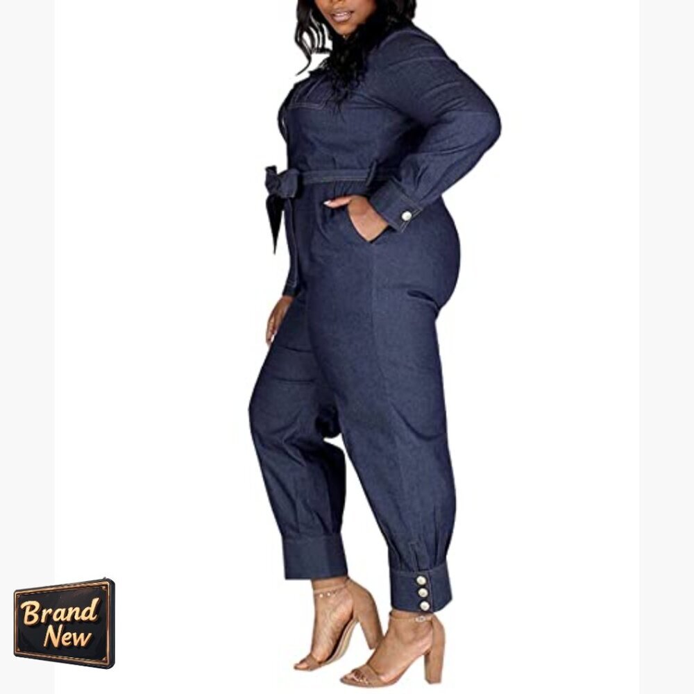 Plus Size Denim Jumpsuit Long Sleeve Button Down Overalls Casual Wear - Picture 2 of 6
